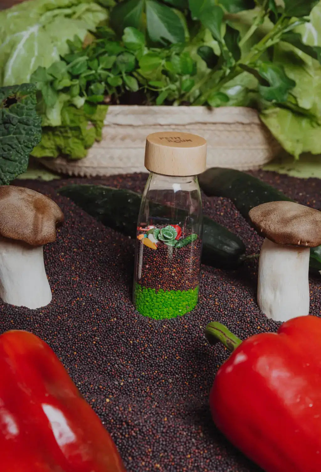Bouteille sensorielle Petit Boum pour bébé avec légumes colorés et bouchon en bois, jouet d’éveil