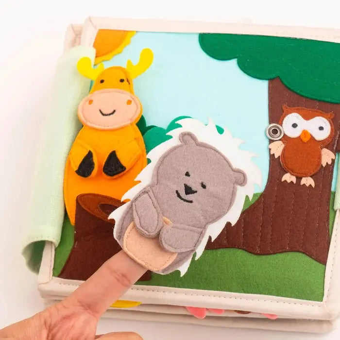 JOLLY DESIGNS livre d'éveil Animal Friends en feutrine; bébé 12m+, Citron Grenadine – girafe orange, hérisson gris, hibou brun