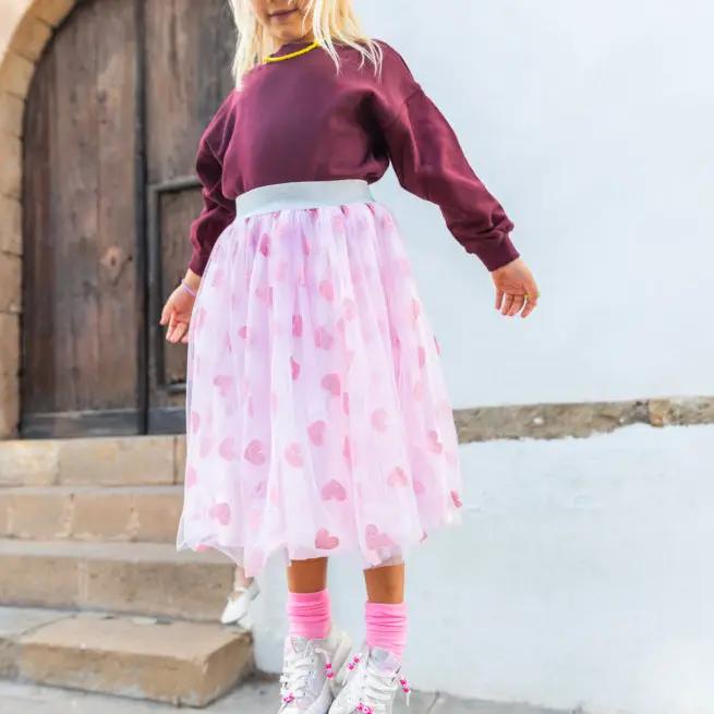 RATATAM jupon long pink heart-print tulle skirt by Citron Grenadine.
