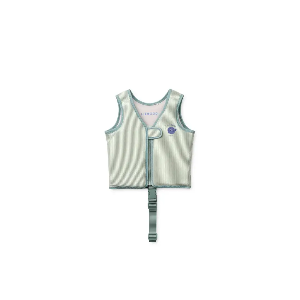 LIEWOOD dove swim vest for kids, mint striped with teal trim and front buckle strap.