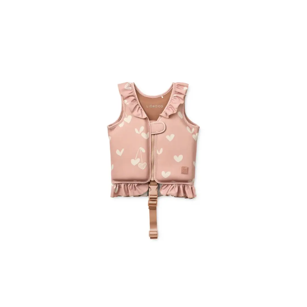 LIEWOOD swim vest for kids in pale pink sweetheart with white heart pattern, ruffled edges, front zip and buckle strap