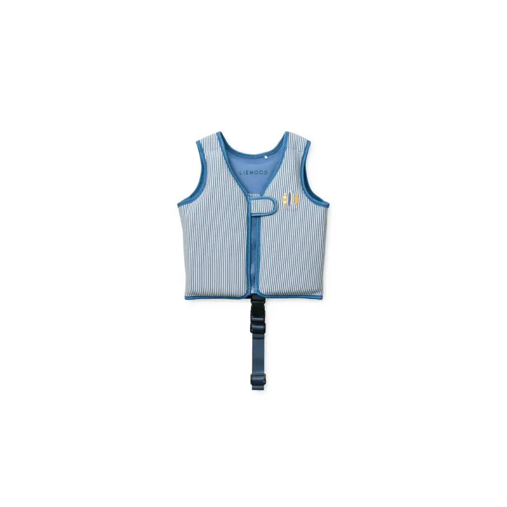 LIEWOOD stripe riverside creme swim vest with blue trim and adjustable buckle strap
