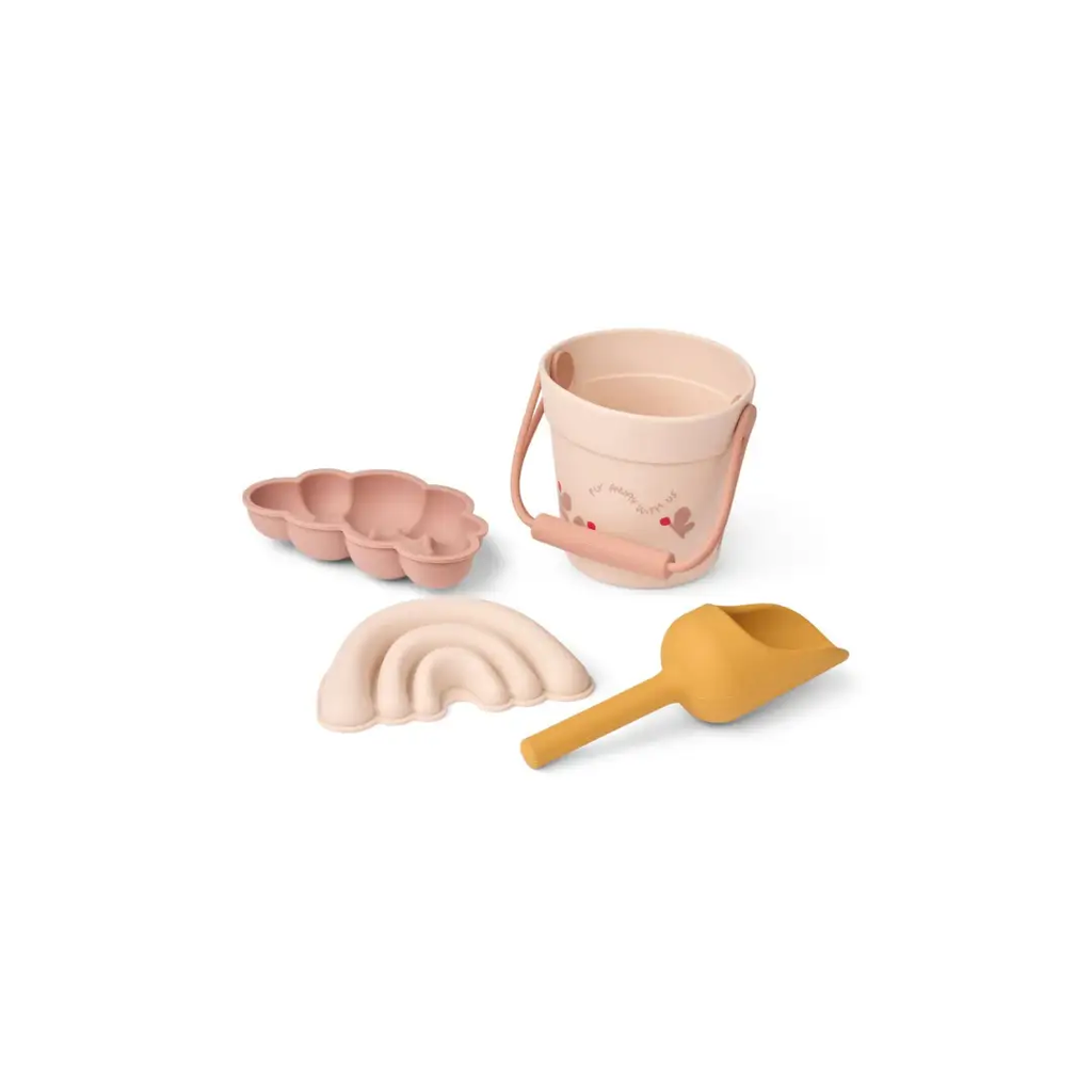 LIEWOOD mini beach sand toy set; pink bucket with handle, pink flower mold, rainbow mold, and yellow shovel — 4 pieces