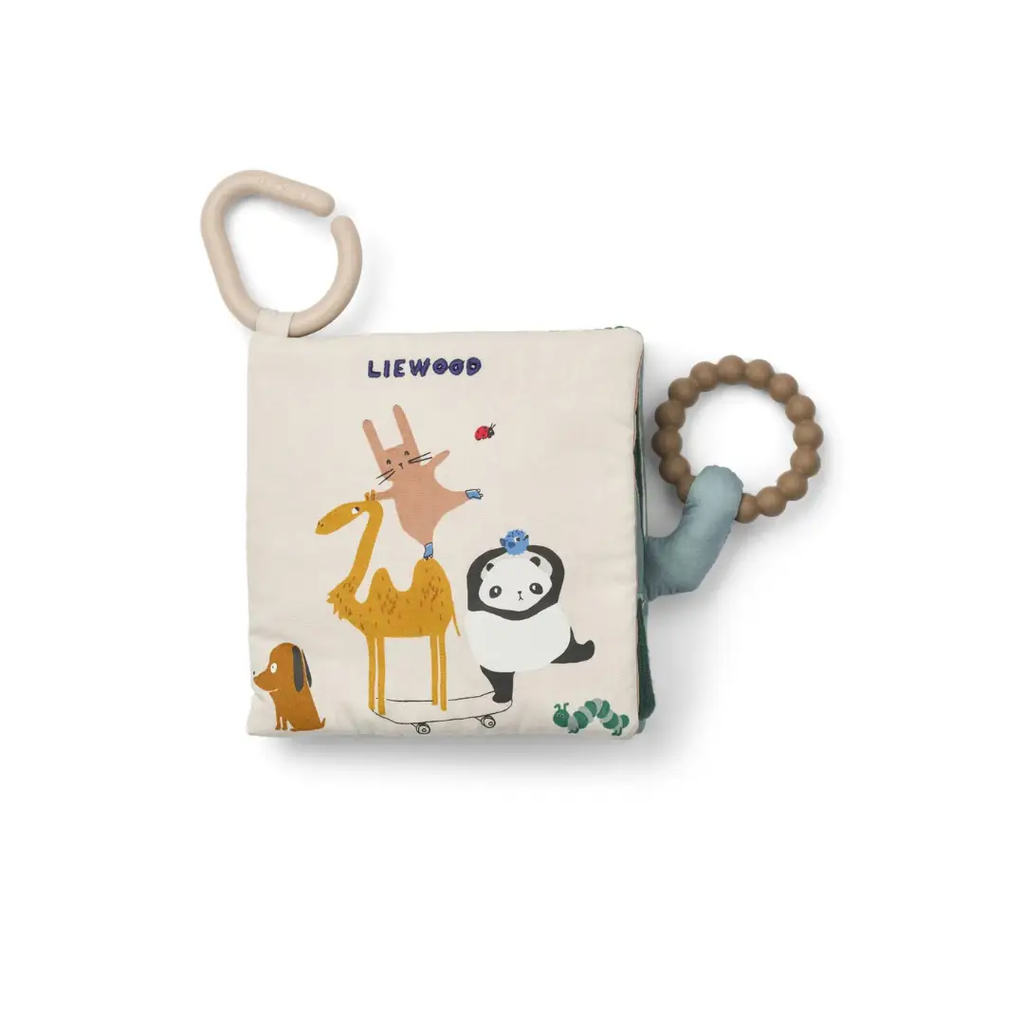 LIEWOOD livre d'activités bébé 0m+ Around the World, tissu livre avec anneau beige et anneau de perles brunes