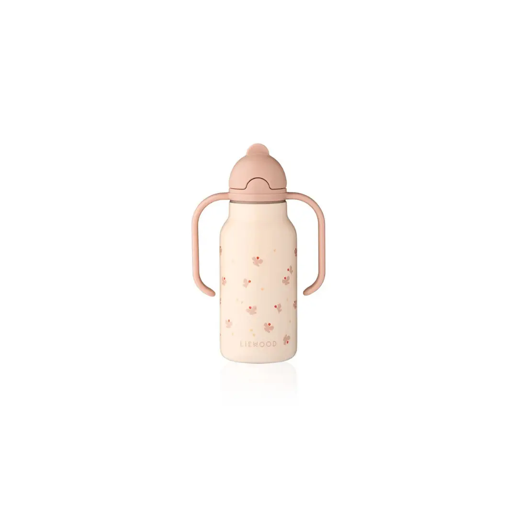 LIEWOOD 250ml sippy bottle with pink lid and dual handles; pale peach body with butterfly print