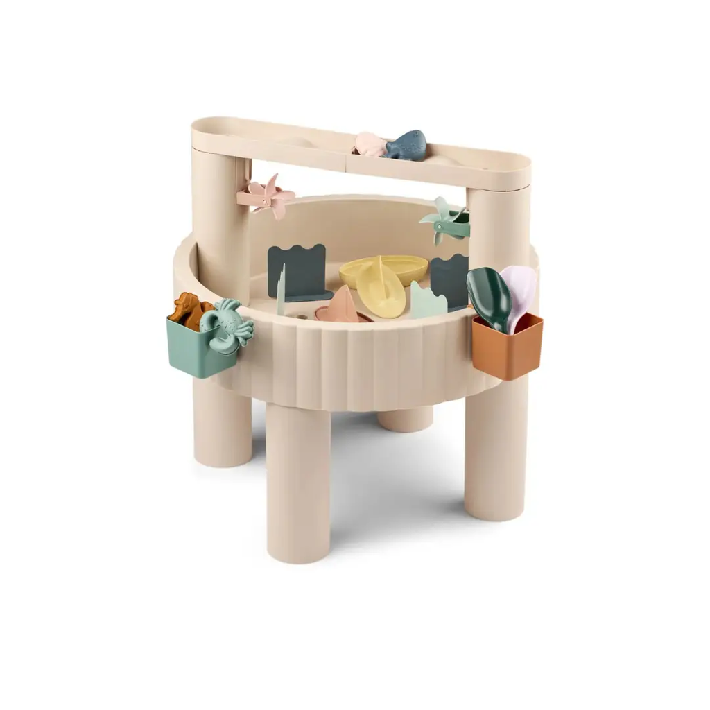 LIEWOOD Sepp activity sand table in sandy multi mix with pastel shovels, molds and side baskets
