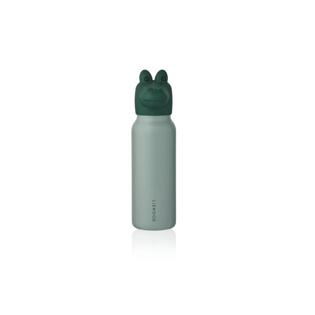 LIEWOOD 350ml gourde water bottle with sage green body and dark green crocodile head cap