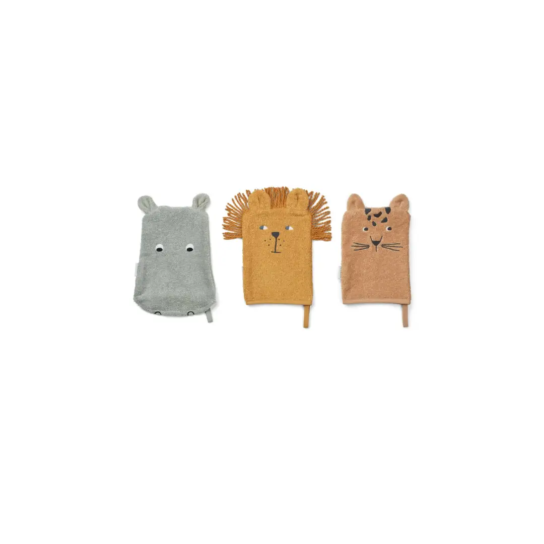 LIEWOOD Sylvester baby bath mitts, safari mix, 3 animal designs (grey bear, orange lion, tan tiger)