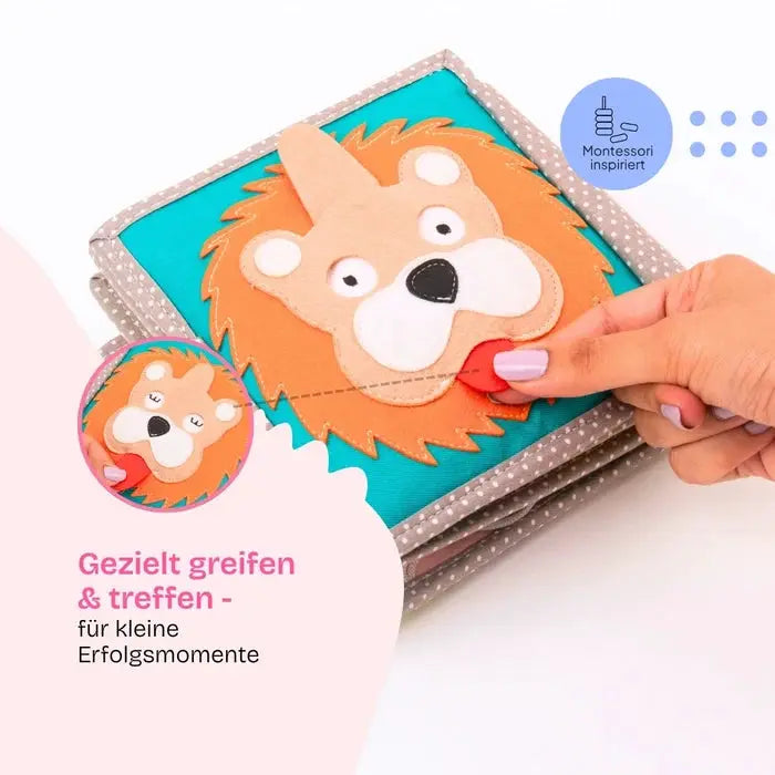 JOLLY DESIGNS livre d'éveil sleepy lion fabric activity book with soft felt lion, Citron Grenadine, Montessori-inspired