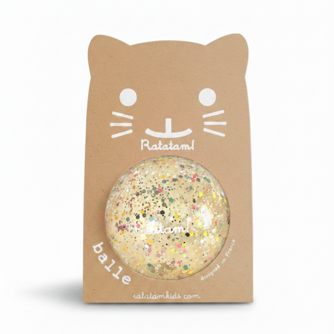 RATATAM balle mini brillante multico dans emballage en carton en forme de chat, balle à confettis multicolores, marque Citron Grenadine