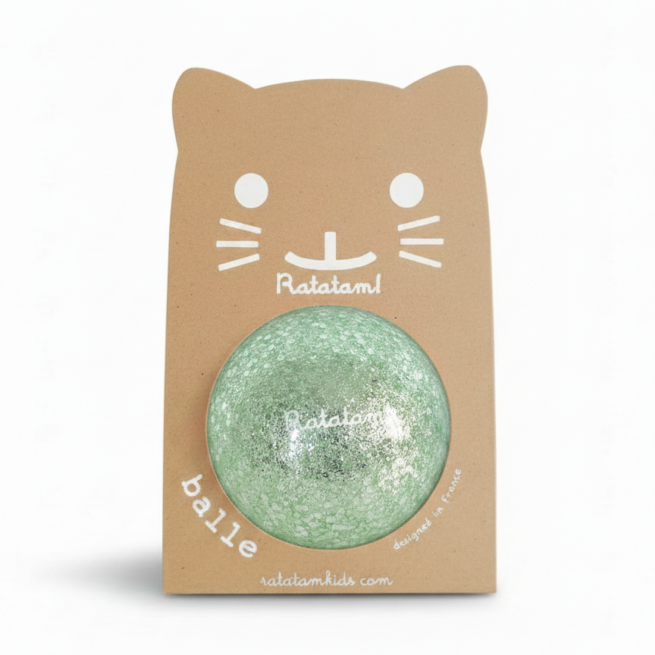 Ratatam balle mini shiny vert dans emballage carton avec visage de chat; marque Citron Grenadine