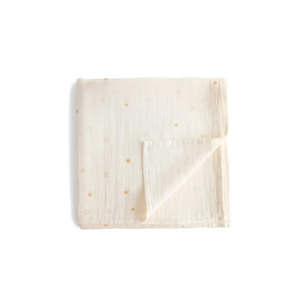 Mushie cotton gauze swaddling blanket in sun motif, cream, Citron Grenadine
