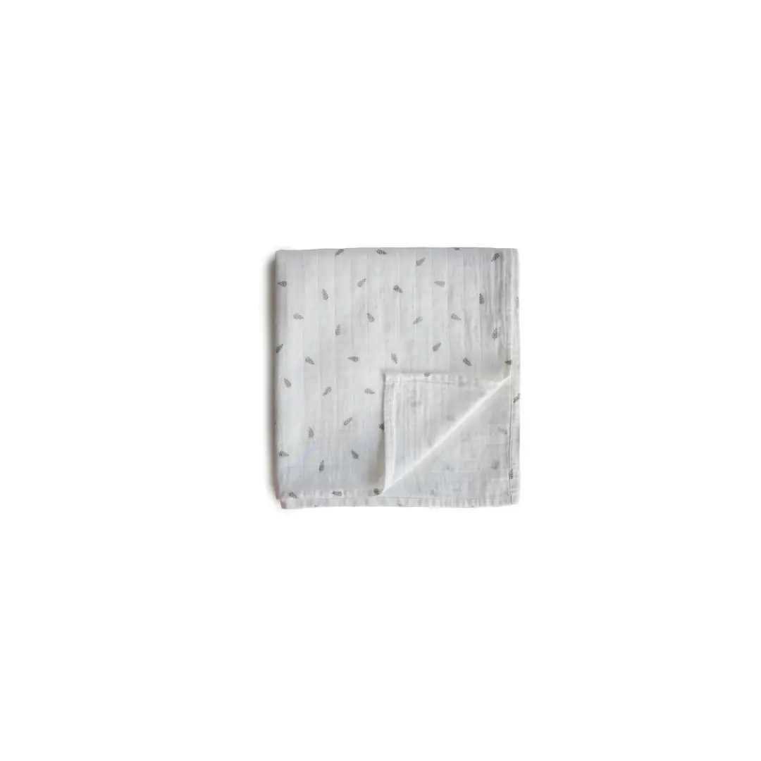 MUSHIE cotton gauze swaddle blanket with gray leaf print, Citron Grenadine