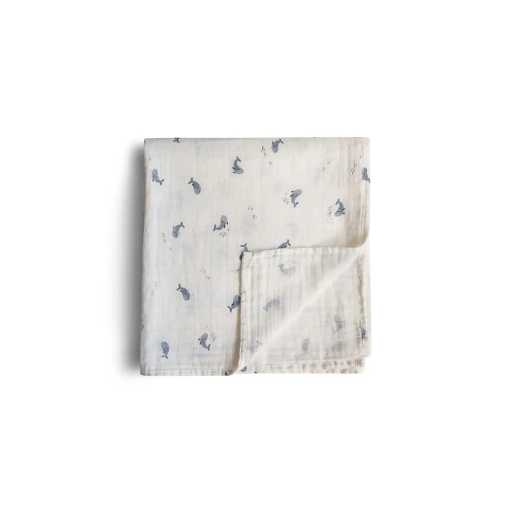 MUSHIE cotton gauze tetra swaddling blanket in white with soft blue whale print, by Citron Grenadine