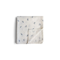 MUSHIE cotton gauze tetra swaddling blanket in white with soft blue whale print, by Citron Grenadine