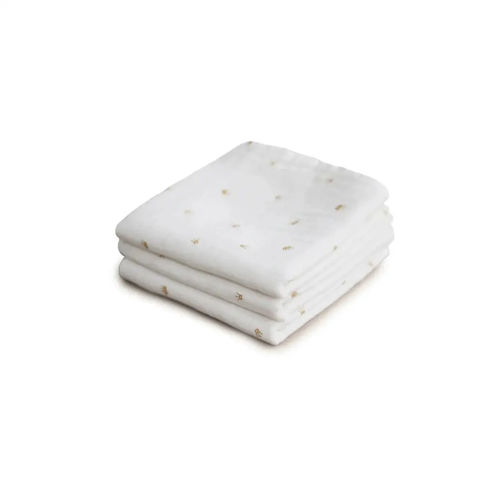 Mushie cotton muslin swaddle blankets 3-pack white with gold crown prints Citron Grenadine