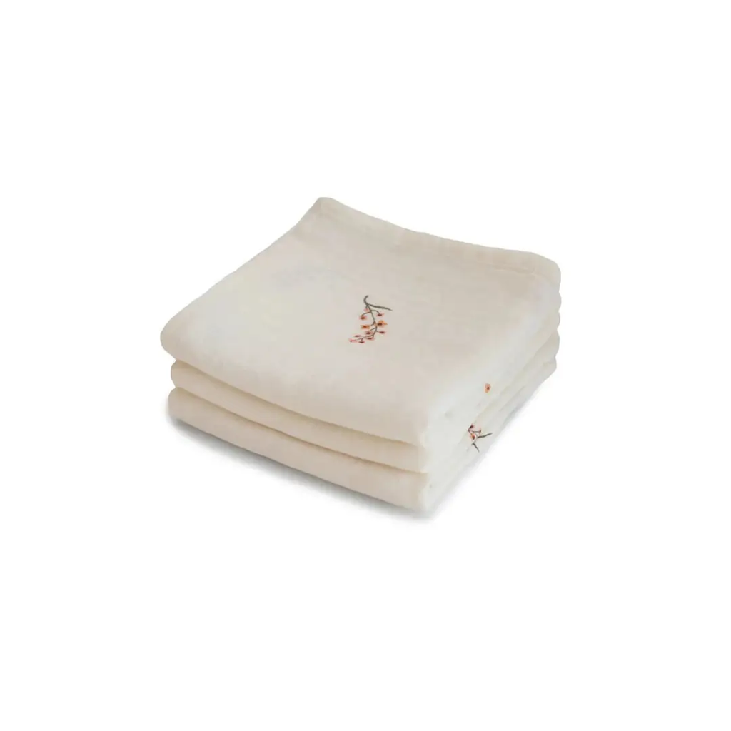 MUSHIE cotton muslin swaddling blankets 3-pack with floral embroidery in cream