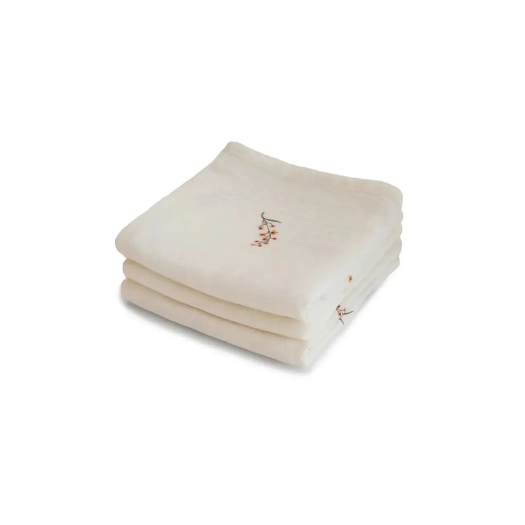 MUSHIE cotton muslin swaddling blankets 3-pack with floral embroidery in cream