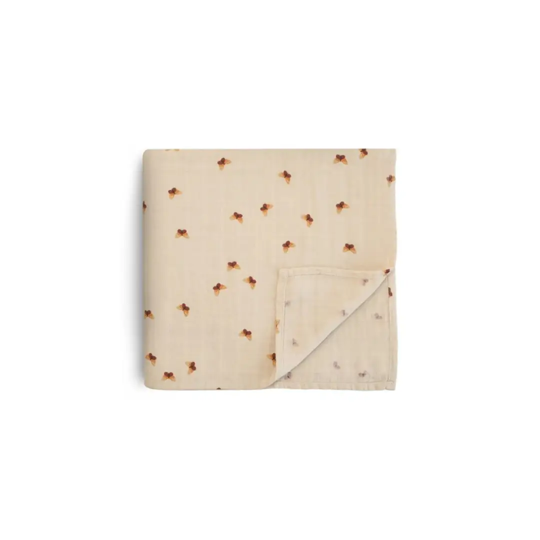 MUSHIE cotton muslin swaddle blanket beige with brown butterfly print by Citron Grenadine