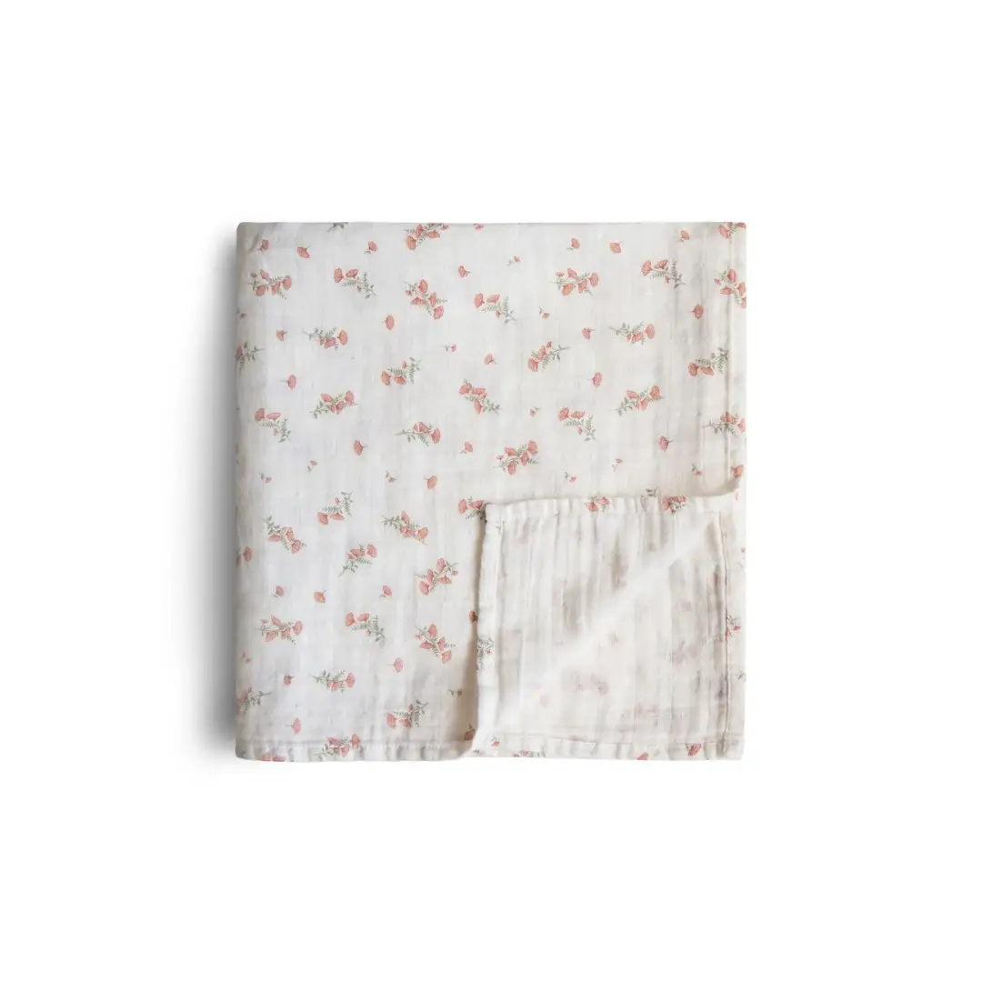 MUSHIE cotton gauze swaddle blanket, pink flowers, Citron Grenadine