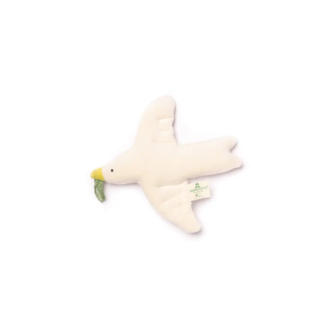 NANCHEN NATUR doudou hochet oiseau plush toy, naturel ivory with yellow beak and green leaf