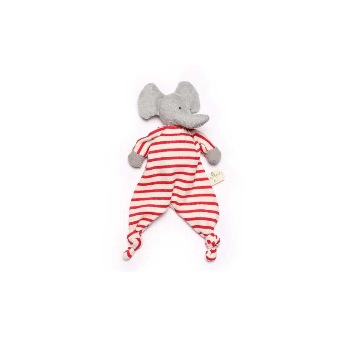 NANCHEN NATUR elephant plush doudou by Citron Grenadine, red striped body with gray ears and limbs