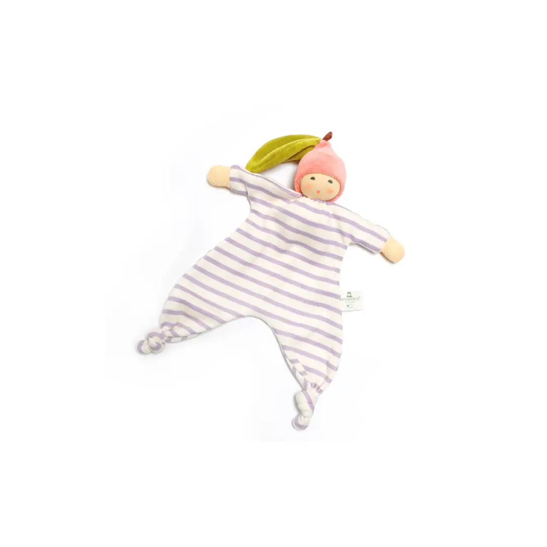 Doudou plat NANCHEN NATUR rayures mauves et pêche, bonnet rose et feuilles vertes, Citron Grenadine plush toy