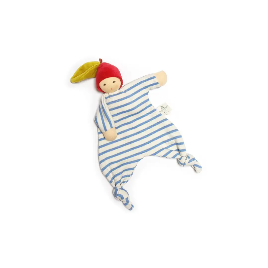 Doudou plat NANCHEN NATUR pomme rayures bleues, peluche bleu et blanc par Citron Grenadine