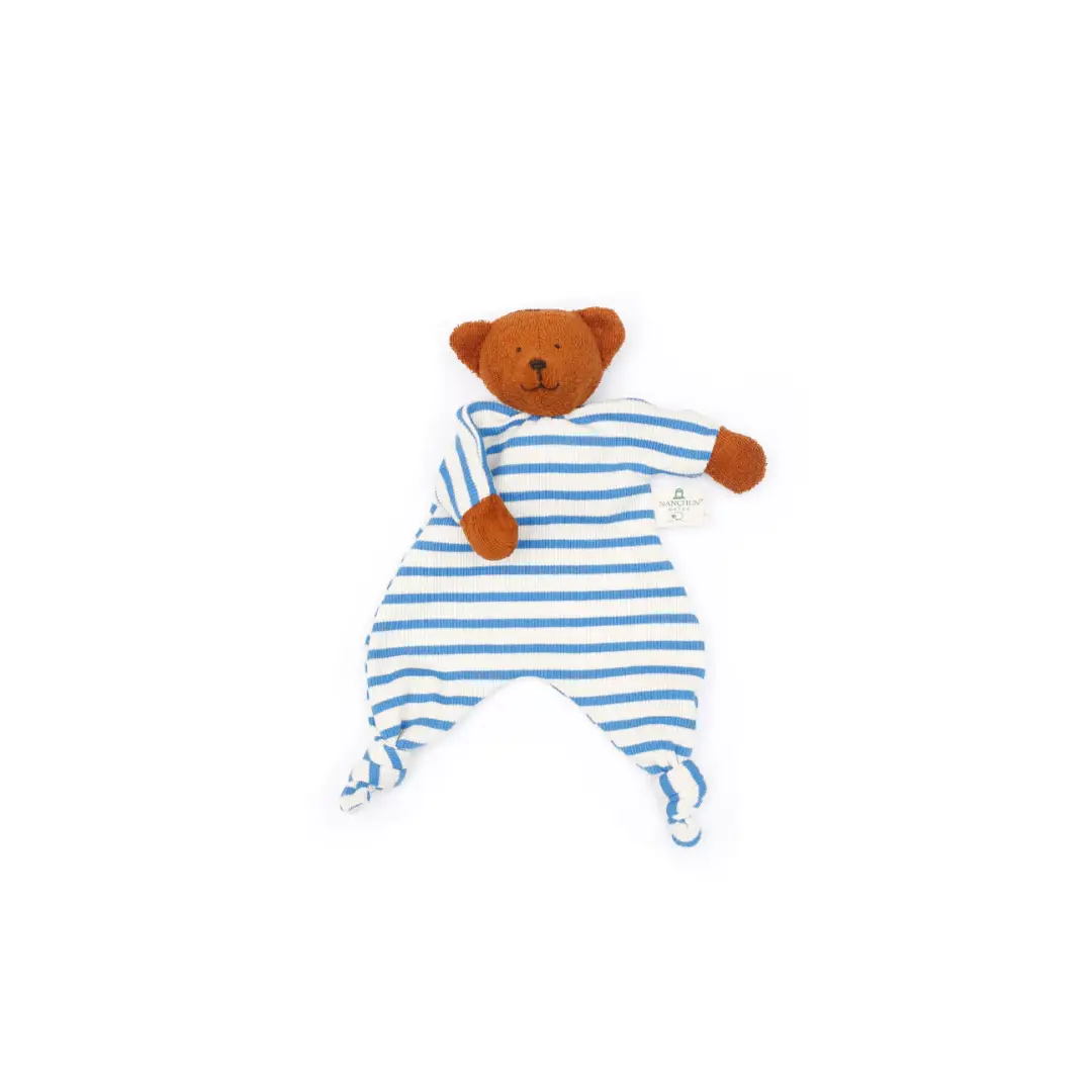 Doudou plat NANCHEN NATUR, ours à rayures bleues avec tête orange, Citron Grenadine