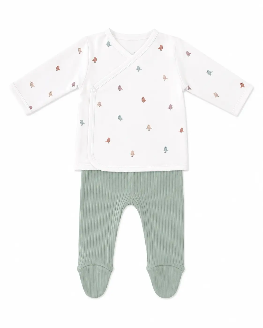Two-piece baby ensemble: white wrap-style top with pastel bird print and mint ribbed footed pants.
