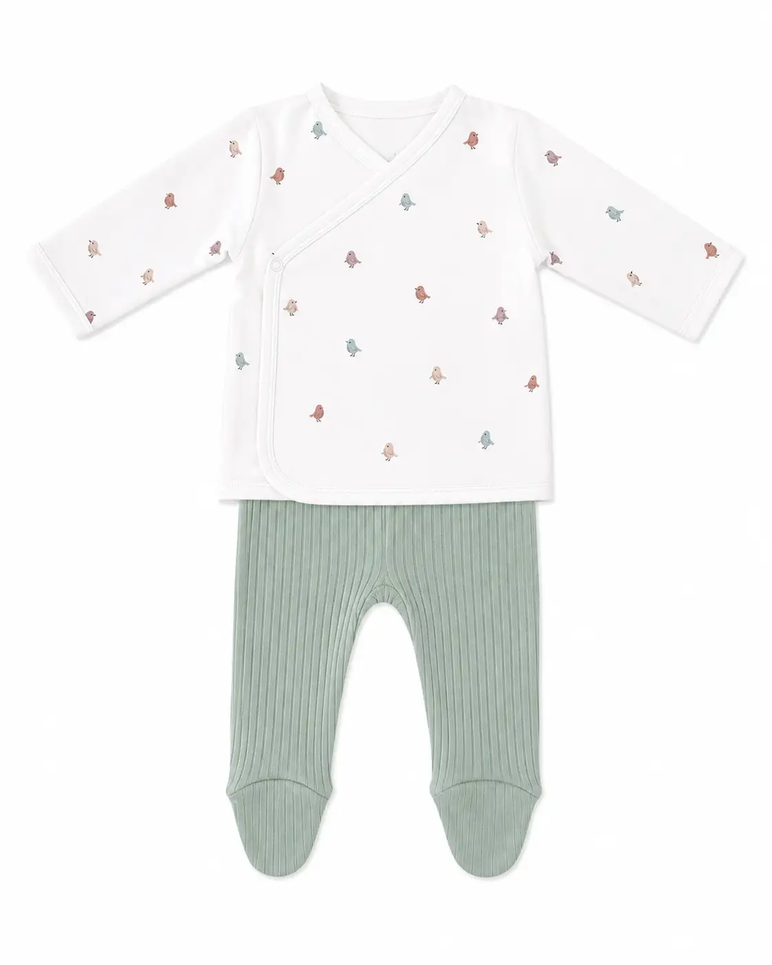 Two-piece baby ensemble: white wrap-style top with pastel bird print and mint ribbed footed pants.