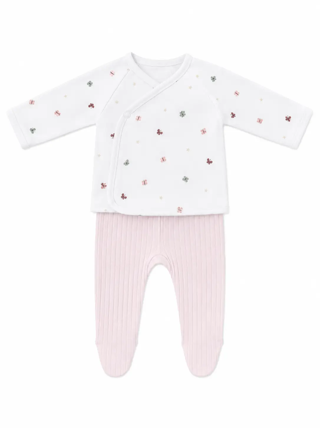 More Than Babies 2-piece butterfly ensemble by Citron Grenadine: white wrap top with butterflies + pink ribbed pants
