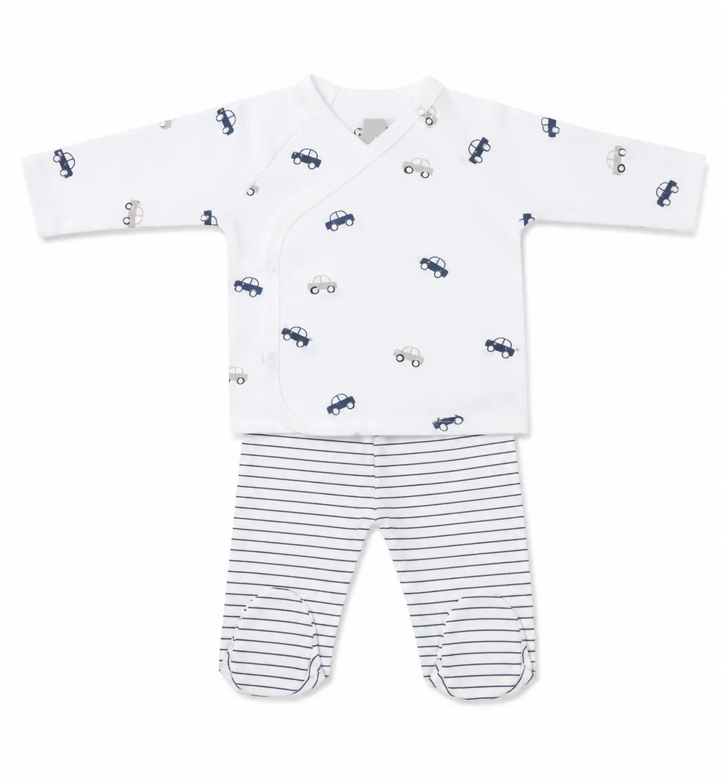 Ensemble bébé 2 pièces Citron Grenadine - haut croisé blanc à motifs voitures et pantalon rayé pieds intégrés