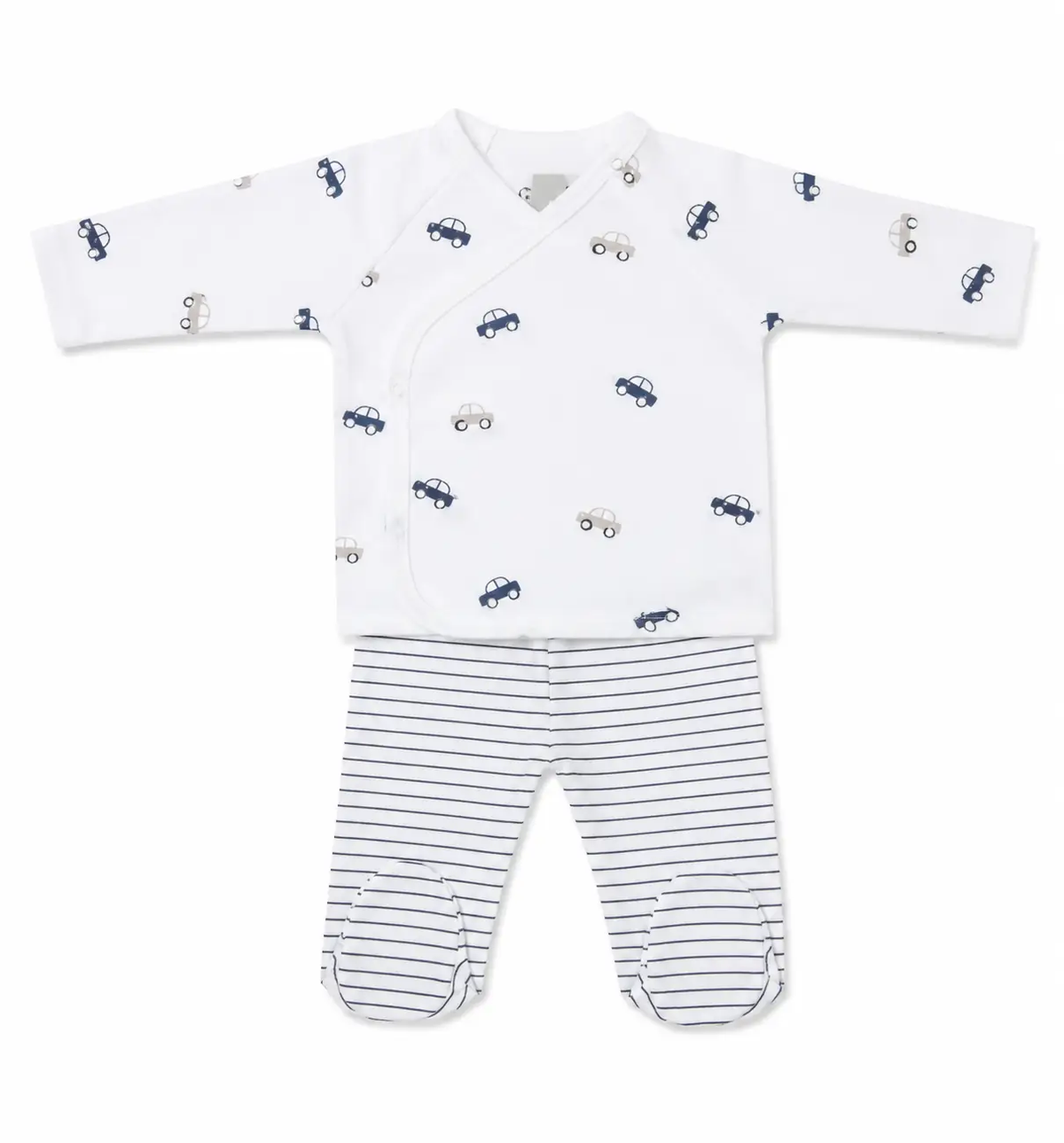 Ensemble bébé 2 pièces Citron Grenadine - haut croisé blanc à motifs voitures et pantalon rayé pieds intégrés