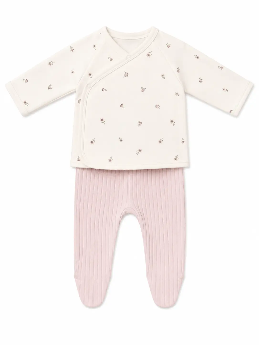 Two-piece baby ensemble: cream floral wrap-top with pink ribbed footed pants
