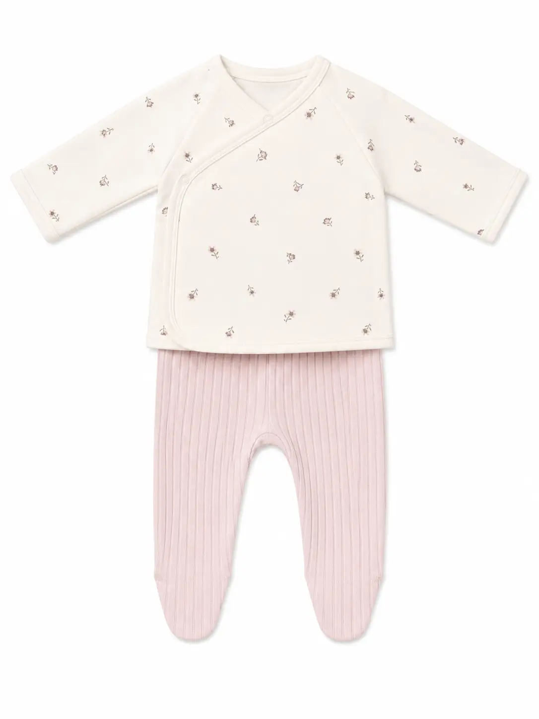 Two-piece baby ensemble: cream floral wrap-top with pink ribbed footed pants