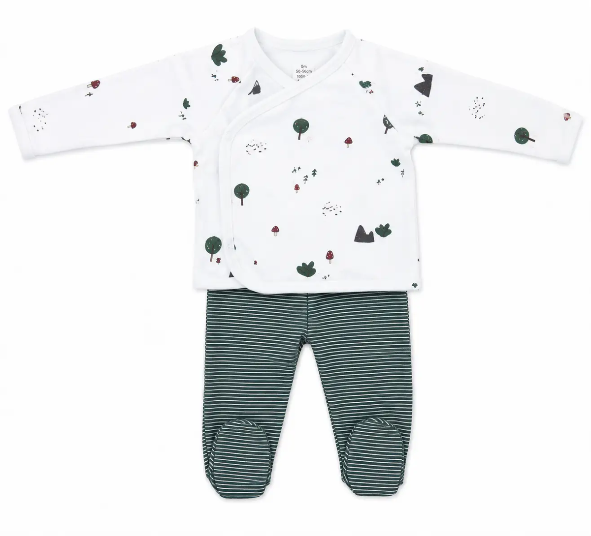 Citron Grenadine 2-piece forest baby set: white wrap top with forest print + green striped pants