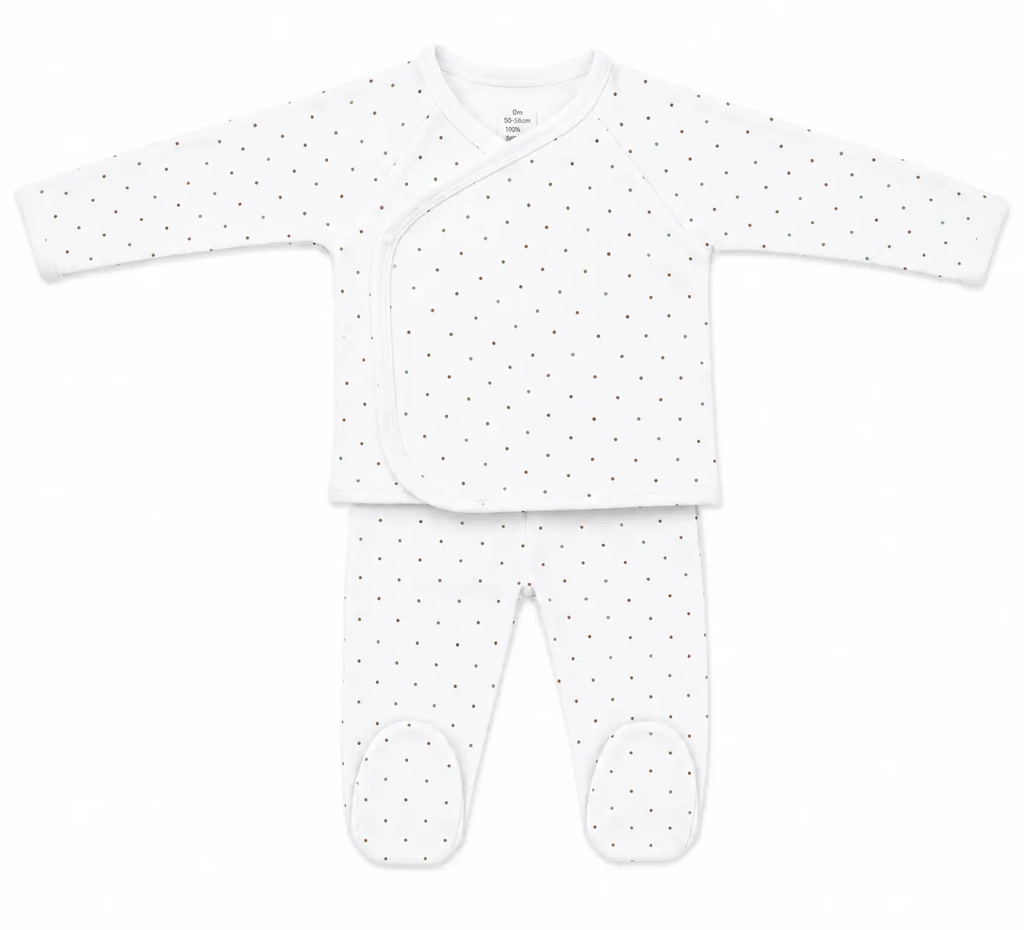 Ensemble bébé 2 pièces MORE THAN BABIES Citron Grenadine; blanc à pois marron et vert, haut croisé et pantalon pieds