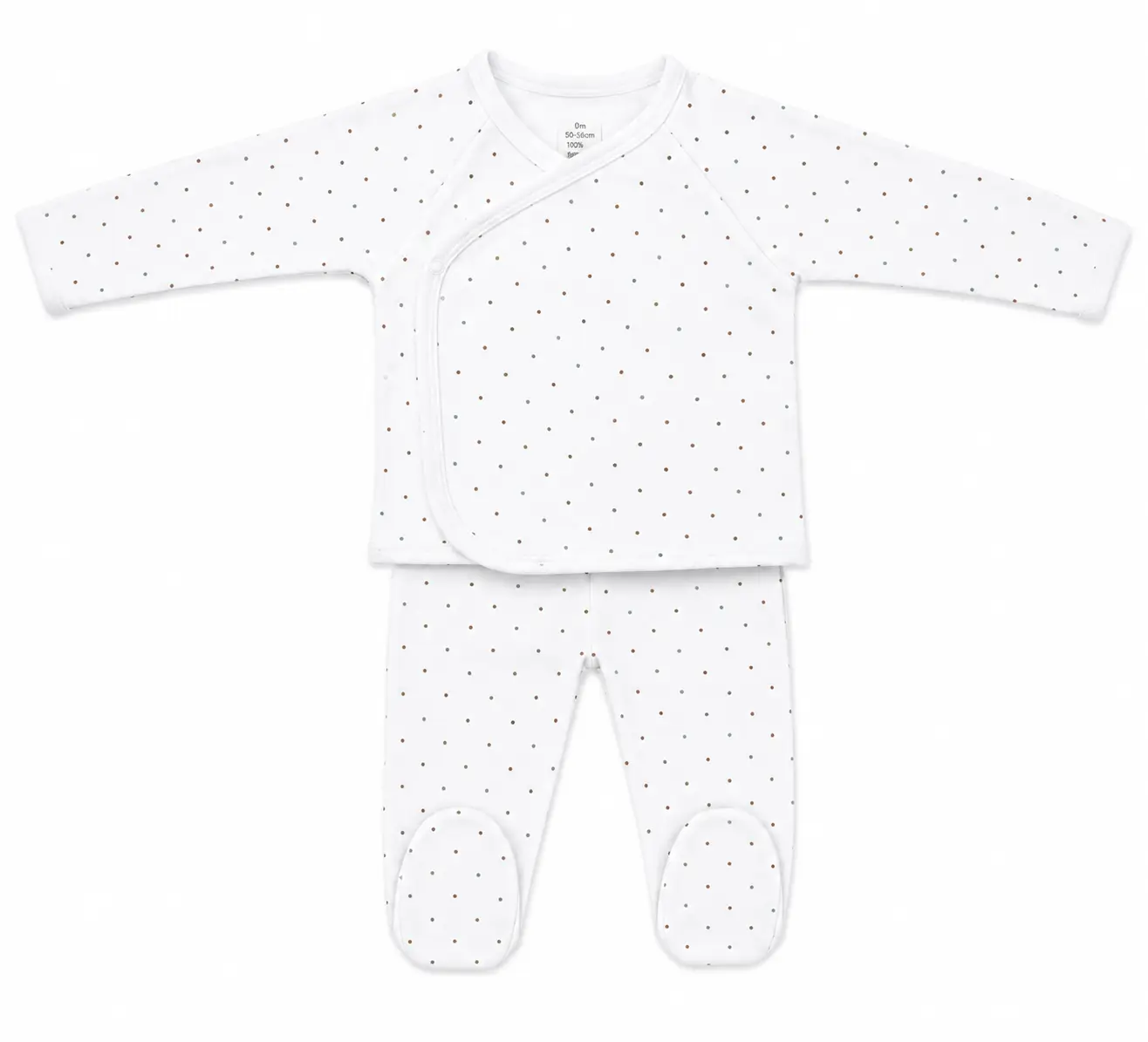Ensemble bébé 2 pièces MORE THAN BABIES Citron Grenadine; blanc à pois marron et vert, haut croisé et pantalon pieds