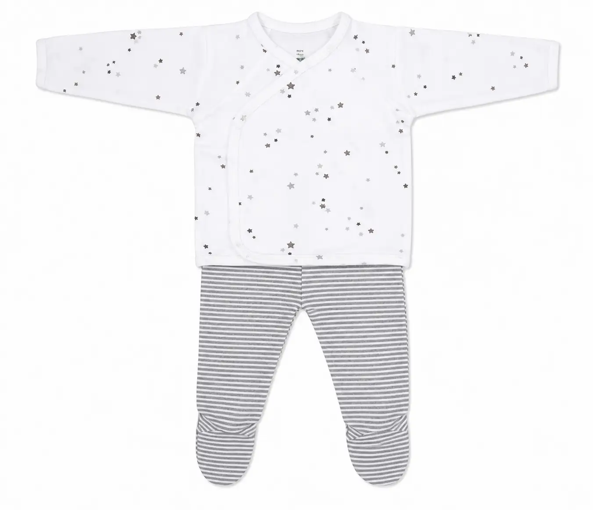 Ensemble bébé 2 pièces MORE THAN BABIES – haut blanc à étoiles argentées et pantalon gris rayé avec pieds