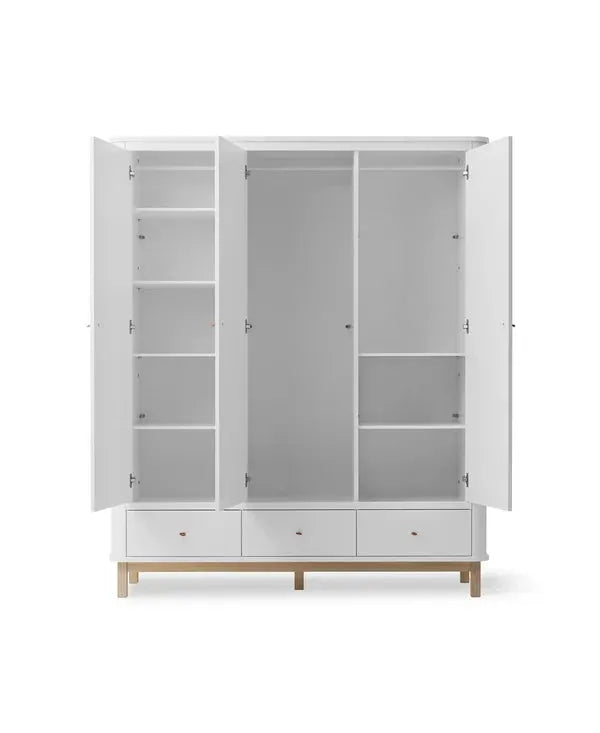 Garde-robe OLIVER FURNITURE WOOD, 3 portes en blanc et chêne, avec rangements et 3 tiroirs