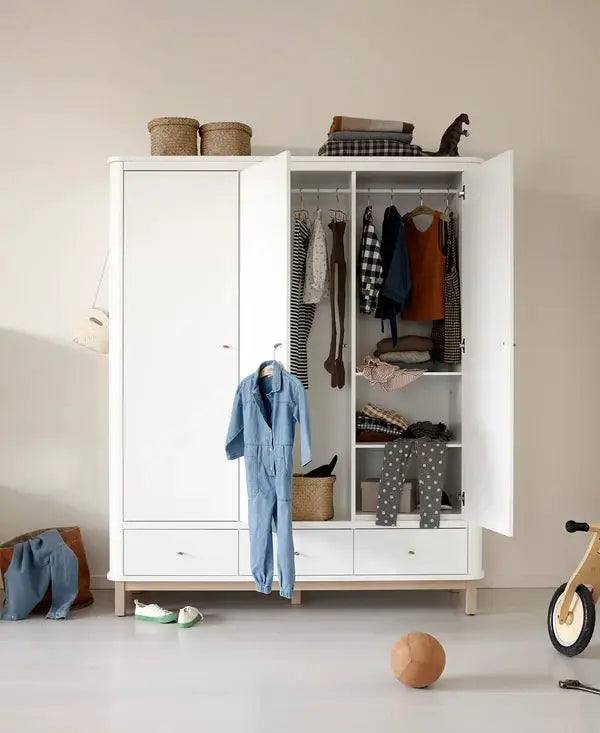 Garde-robe OLIVER FURNITURE WOOD 3 portes blanc et chêne, penderie et étagères visibles, Citron Grenadine