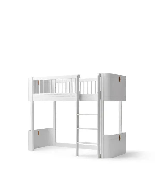 Lit mezzanine mi-haut en bois blanc OLIVER FURNITURE mini+ avec échelle et rangements intégrés