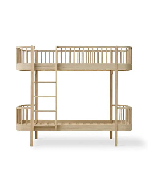 Oliver Furniture oak bunk bed with top and bottom bunks, natural wood finish, ladder included
