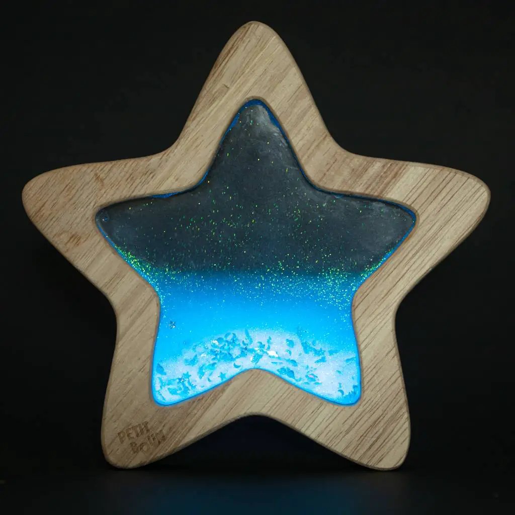 Petit Boum star-shaped wooden sensory rattle Orionis blue gradient with glitter by Citron Grenadine