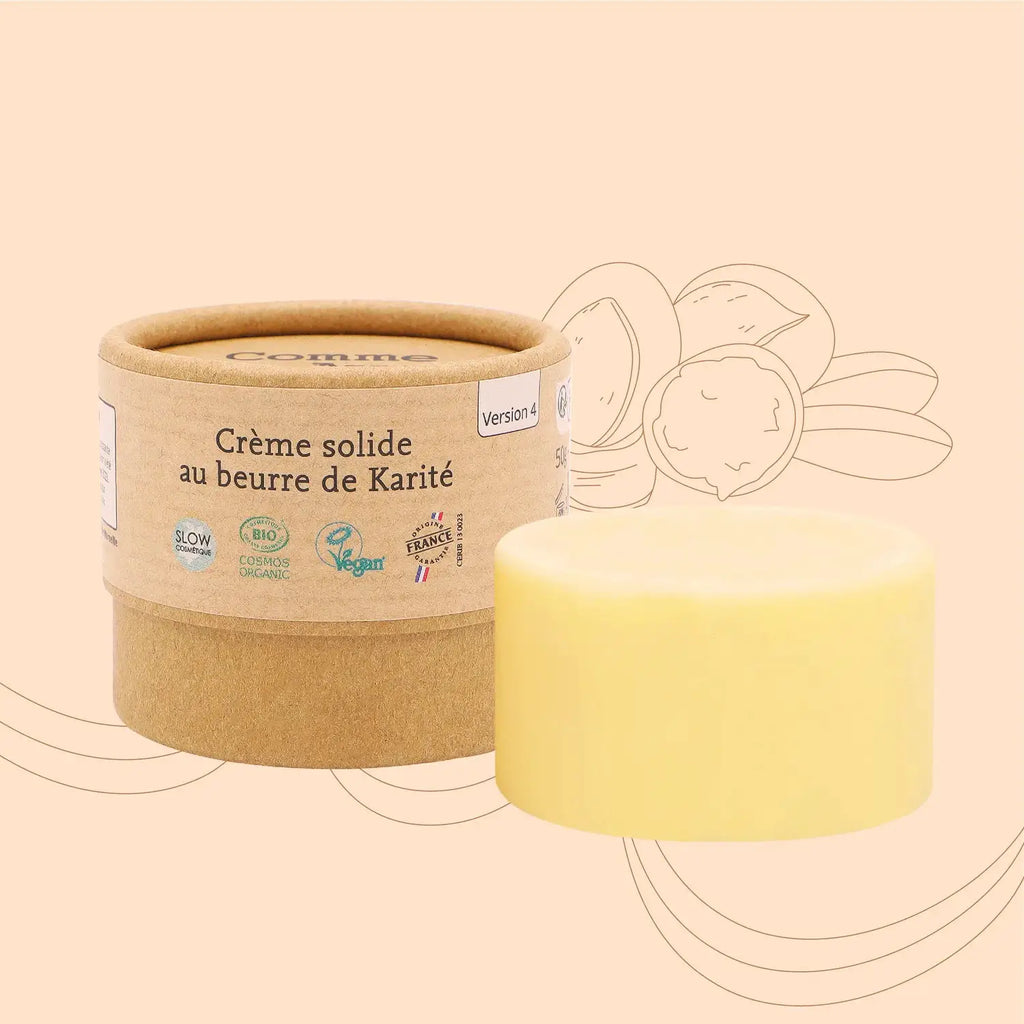 COMME AVANT Crème solide au beurre de karité; protection solaire, en pot kraft avec étiquette et bloc jaune à côté