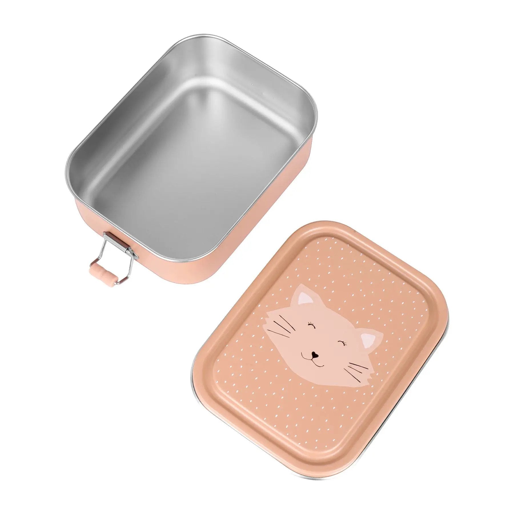Lunch box S by Citron Grenadine; pink metal container with cat illustration on lid.