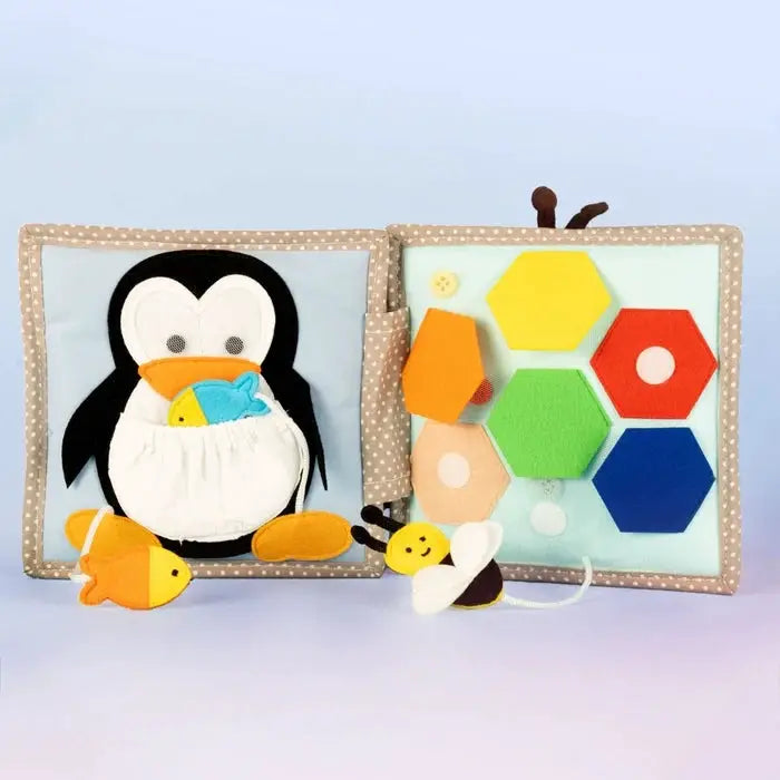 JOLLY DESIGNS livre d'éveil bébé et peluche abeille, pingouin appliqué, formes géométriques colorées en tissu