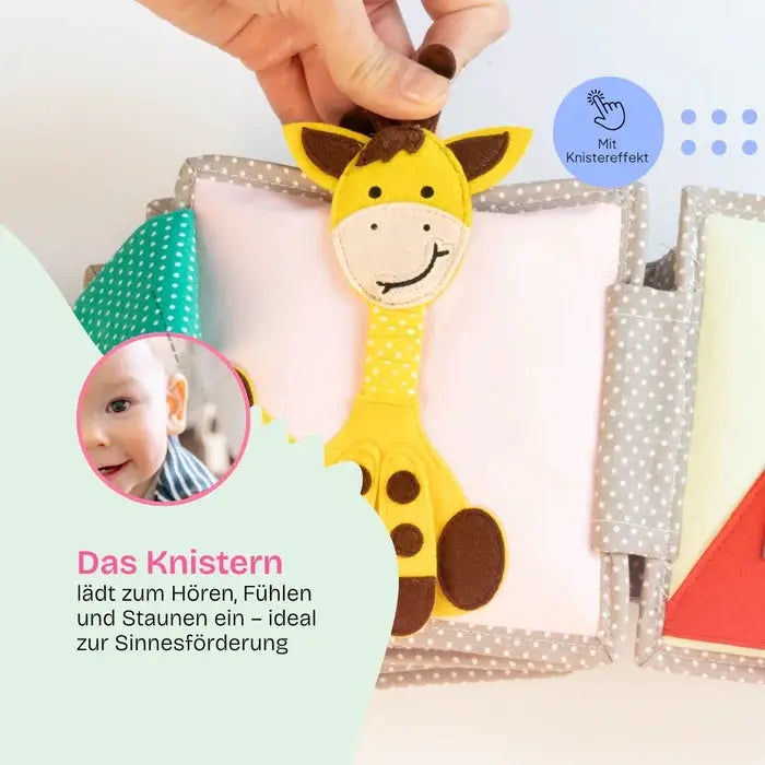 JOLLY DESIGNS livre d'éveil pour bébé avec girafe jaune attachée et pages colorées pastel