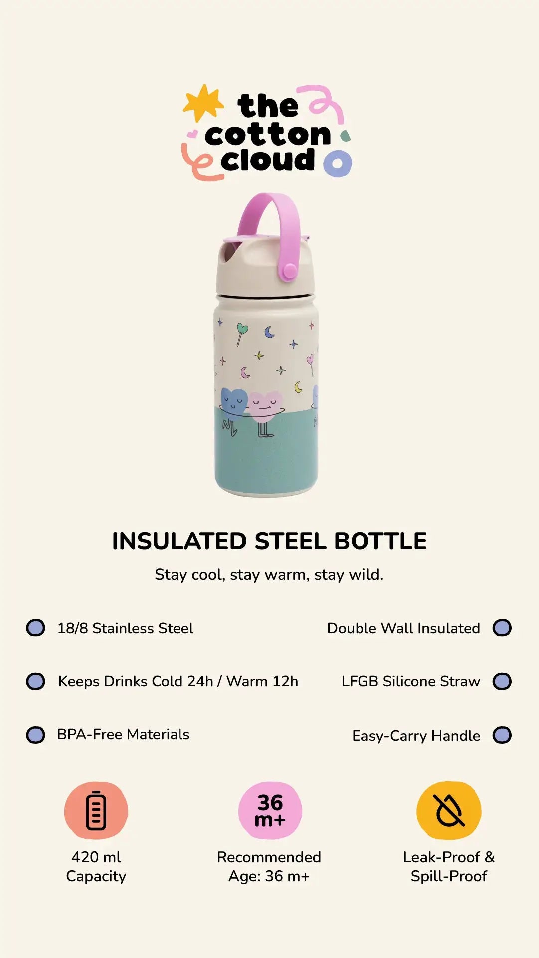 Gourde isotherme 420 ml THE COTTON CLOUD, poignée rose, design pastel beige et bleu